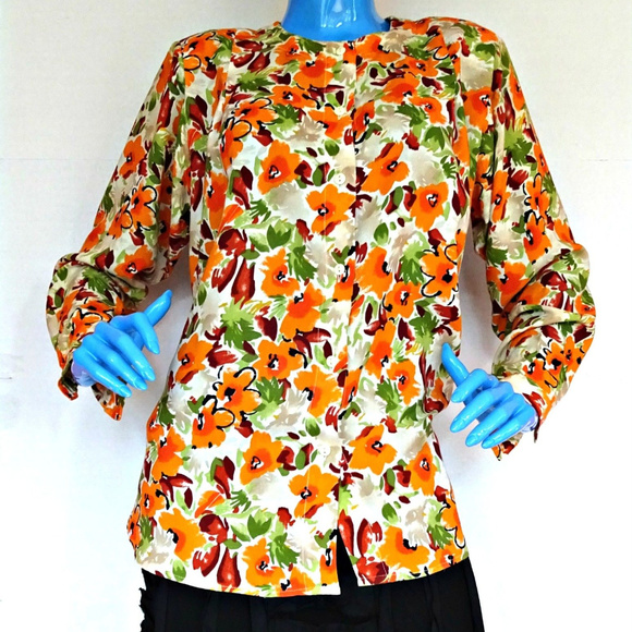 Lorelei Tops - Vintage 1980 Rayon Blouse Shirt Padded Shoulders S